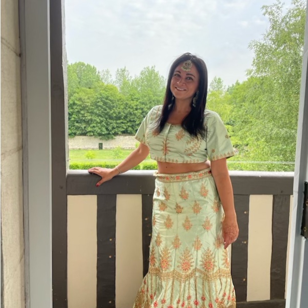 Gorgeous mint green, gold lengha
